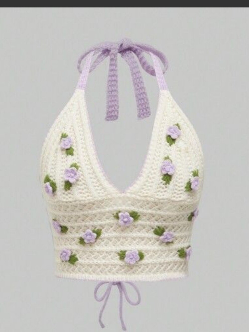 Kawaii Crochet Halter Crop Top with Lavender 3D Flowers, L(8-10) - Picture 1 of 13